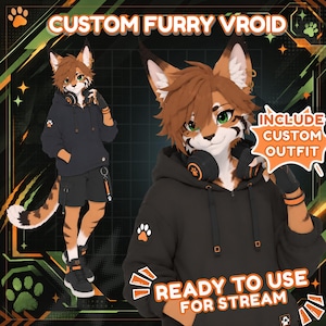 Pode incluir: Um modelo de personagem digital 3D de um furry felino marrom e branco vestindo um moletom preto, shorts pretos e fones de ouvido pretos com detalhes em laranja. O texto diz CUSTOM FURRY VROID, INCLUDE CUSTOM OUTFIT, READY TO USE FOR STREAM.