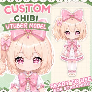 May include: A custom chibi VTuber model featuring a character with light blonde hair, large pink eyes, and a pink bow accessory. The character wears a white and pink dress with heart-shaped accents. Text reads CUSTOM CHIBI VTUBER MODEL and READY TO USE FOR STREAMING.