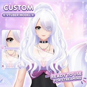 May include: A custom VTUBER MODEL featuring an anime-style character with long white hair, a black choker, and a pink star necklace. The character wears a layered top and has a light complexion with freckles. Text reads CUSTOM VTUBER MODEL and READY TO USE FOR STREAMING.