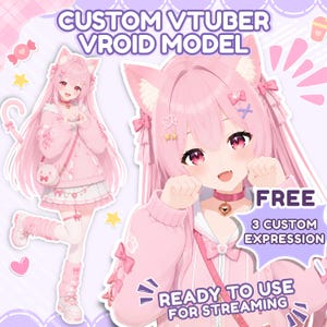 May include: A custom pink-themed VTuber VRoid model featuring a character with long pink hair, cat ears, and a pink outfit. The image includes text reading CUSTOM VTUBER VROID MODEL, FREE 3 CUSTOM EXPRESSION, and READY TO USE FOR STREAMING.