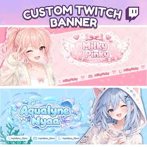 May include: Custom Twitch banner featuring anime-style illustrations. The top banner has a pink theme with the text "Milky Pinky." The bottom banner has a blue theme with the text "Aqualyne Nyaa."