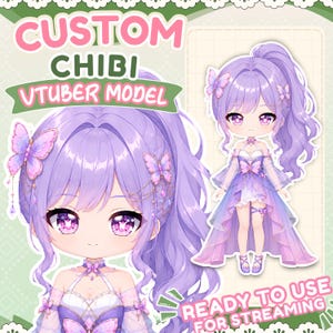 May include: A digital illustration of a chibi VTuber model with lavender hair styled in a high ponytail, adorned with butterfly hair clips. The character wears a purple and white dress with butterfly accents. Text reads CUSTOM CHIBI VTUBER MODEL.
