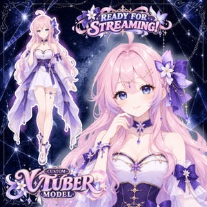 Könnte beinhalten: Eine digitale Illustration einer Figur mit langem rosa Haar, die ein weiß-violettes Kleid mit floralen Akzenten trägt. Das Bild enthält den Text READY FOR STREAMING und CUSTOM VTUBER MODEL und zeigt eine Ganzkörperansicht sowie ein Porträt.