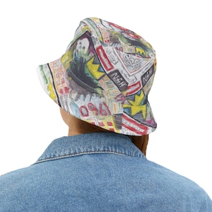 JAMO Basquiat Bucket Hat Colorful Artistic Bucket Hat, Unique Summer Accessory, Fun Festival Wear, Gift for Art Lovers, Vibrant Streetwear