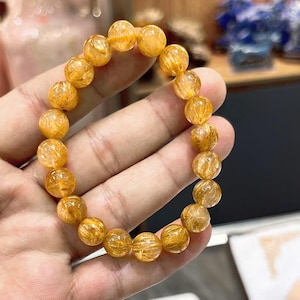Golden Rutilated Quartz Bracelet: Natural Crystal Bead, Unisex Feng Shui Jewelry