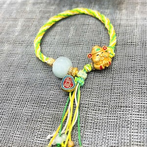 Lucky Cat Bracelet, Handmade Adjustable Woven Bracelet with Jade Beads, Boho Prosperity Bracelet, Good Luck Jewelry.