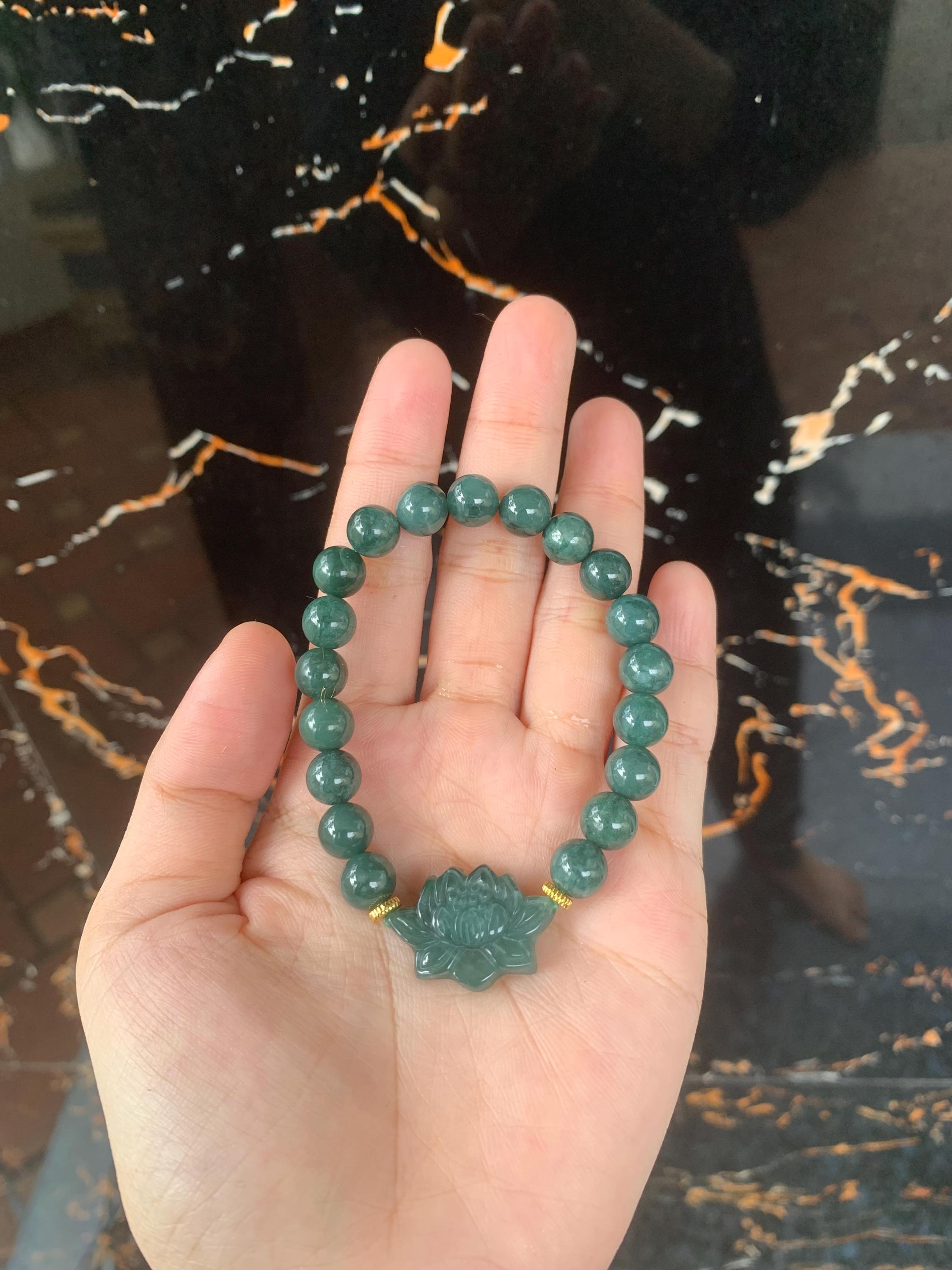 Lotus Jade Bracelet, Handmade Green Jade Beads, Lucky Charm