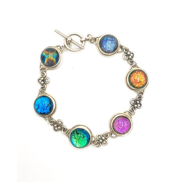 Vintage Dichroic Art Glass Bracelet - 1990s Multicolor & Sterling