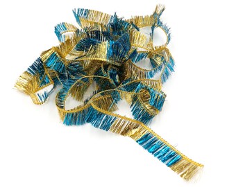 Vintage Turquoise & Gold Striped Tinsel Fringe - Sold by the Yard