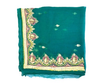 Vintage Indian Emerald Beaded Silk Dupatta Shawl