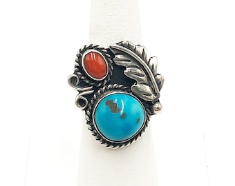 Vintage 1970s Navajo Turquoise and Coral Sterling Silver Ring