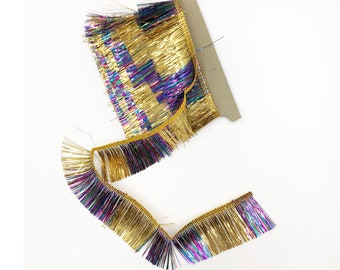 Vintage Blue Fuchsia & Gold Striped Tinsel Fringe - Sold by the Yard