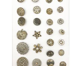 Vintage 1920's Metal Rhinestone Button Collector's Card - Lot of 36