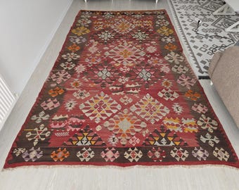 Alfombra Kilim turca vintage de 190 x 323 cm / Auténtica alfombra bohemia anatolia para sala de estar - Kelim Teppich