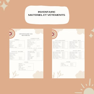 Peut inclure: Deux listes de contrôle d'inventaire beiges avec du texte en français. La liste de contrôle supérieure est intitulée "INVENTAIRE MATERIEL ET VÊTEMENTS". La liste de contrôle de gauche est intitulée "INVENTAIRE DU MATÉRIEL".