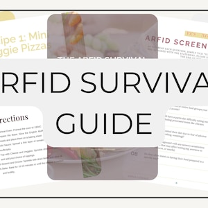 May include: A guide to ARFID (Avoidant Restrictive Food Intake Disorder) with steps you can take, a veggie pizza recipe, and a screening quiz. The guide includes the text "ARFID Survival Guide".