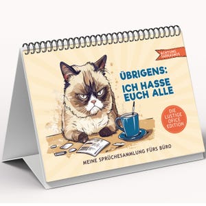 Könnte beinhalten: Ein Schreibtischkalender mit einer Illustration eines mürrischen Katers mit dem Text "ÜBRIGENS: ICH HASSE EUCH ALLE" und "DIE LUSTIGE OFICE EDITION". Der Kalender sagt auch "MEINE SPRÜCHESAMMLUNG FÜRS BÜRO" und "ACHTUNG SARKASMUS".