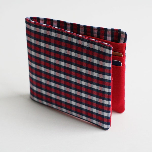 Mens wallet, Wallet, Billfold, Vintage Upcycled Fabrics, Red Plaid, Handmade by Knotted Nest