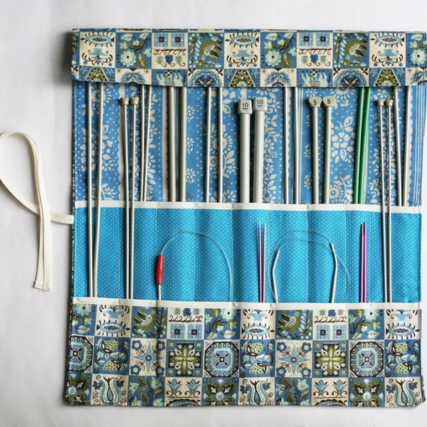 Knitting Needle Roll, Fabric Knitting Needle Organizer, Needle Holder, Vintage Blue Folk by Knotted Nest on Etsy