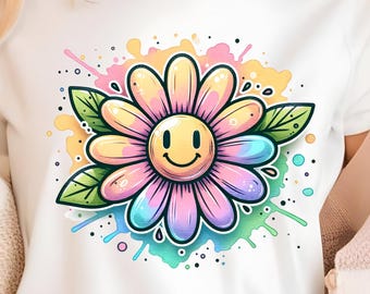 Smiley Flower PNG, Rainbow Floral Sublimation Shirt Design