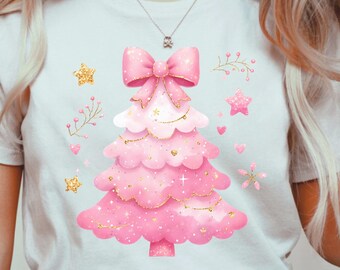 Albero di Natale rosa glitterato PNG, Clipart festivo femminile (download digitale)