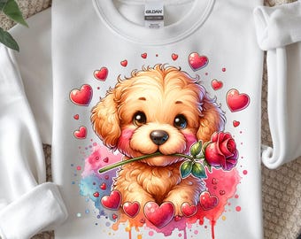 Valentine Puppy PNG, Dog With Rose Shirt, Love Heart Design Digital Download Sublimation