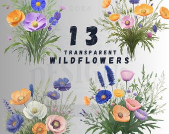 13 Wildflower PNG Bundle, Botanical Flower Clipart Set, Nature Floral Design Digital Download