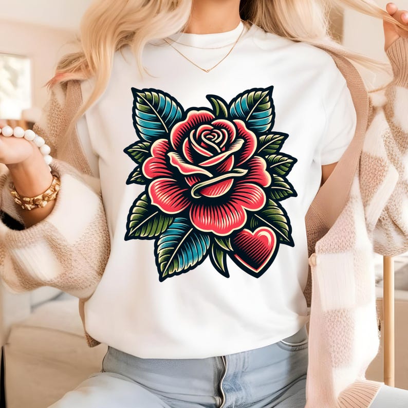 Red Rose Heart PNG, Floral Tattoo Style Shirt Design, Sublimation Digital Download image 5