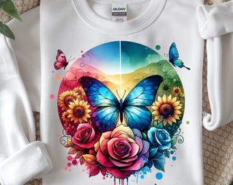 Butterfly Floral PNG, Colorful Rose Butterfly Shirt, Nature Garden Design Digital Download Sublimation