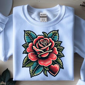 Red Rose Heart PNG, Floral Tattoo Style Shirt Design, Sublimation Digital Download image 4