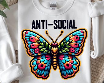 Anti papillon social PNG, chemise colorée d'insectes, citation introvertie drôle sublimation de téléchargement numérique