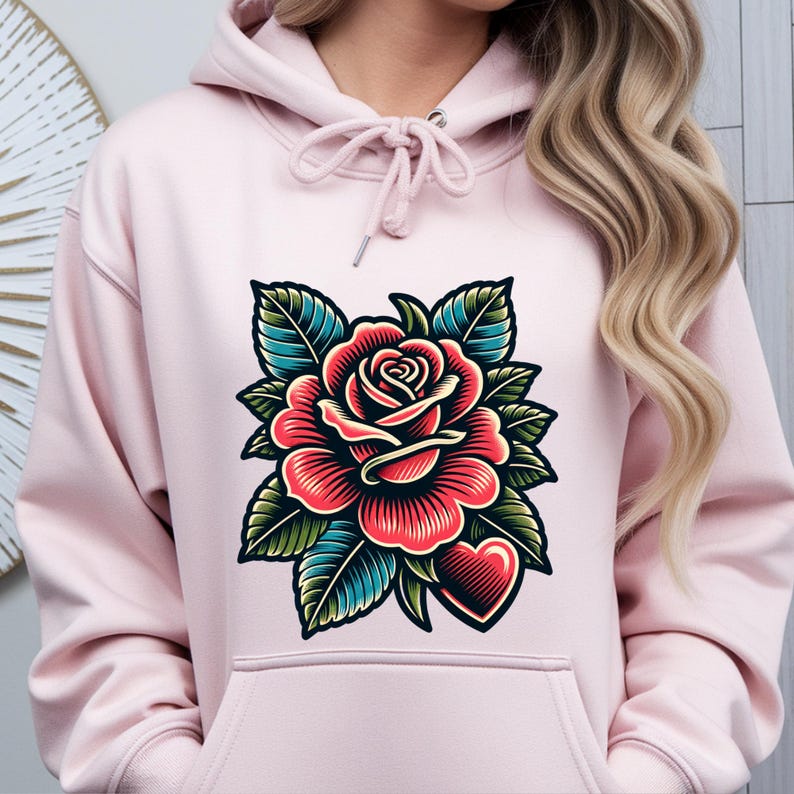 Red Rose Heart PNG, Floral Tattoo Style Shirt Design, Sublimation Digital Download image 7
