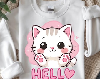Hello Kitten PNG, Kawaii Kitty Cat Design, Sublimacja Kota, Pobieranie Cyfrowe