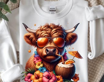 Highland Cow Sunglasses PNG, Funny Summer Cow Shirt Design, Tropical Animal Sublimation