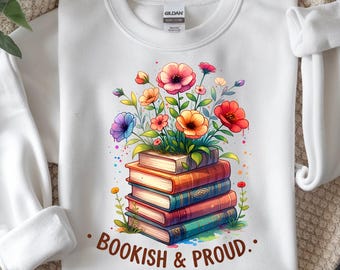 PNG "Librero y orgulloso", camiseta para amantes de los libros, diseño floral de pila de libros, descarga digital para sublimación
