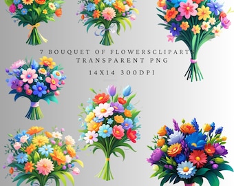 Blombukettpaket, Blommig Clipart-set, Bröllopsarrangemang, 7 filer