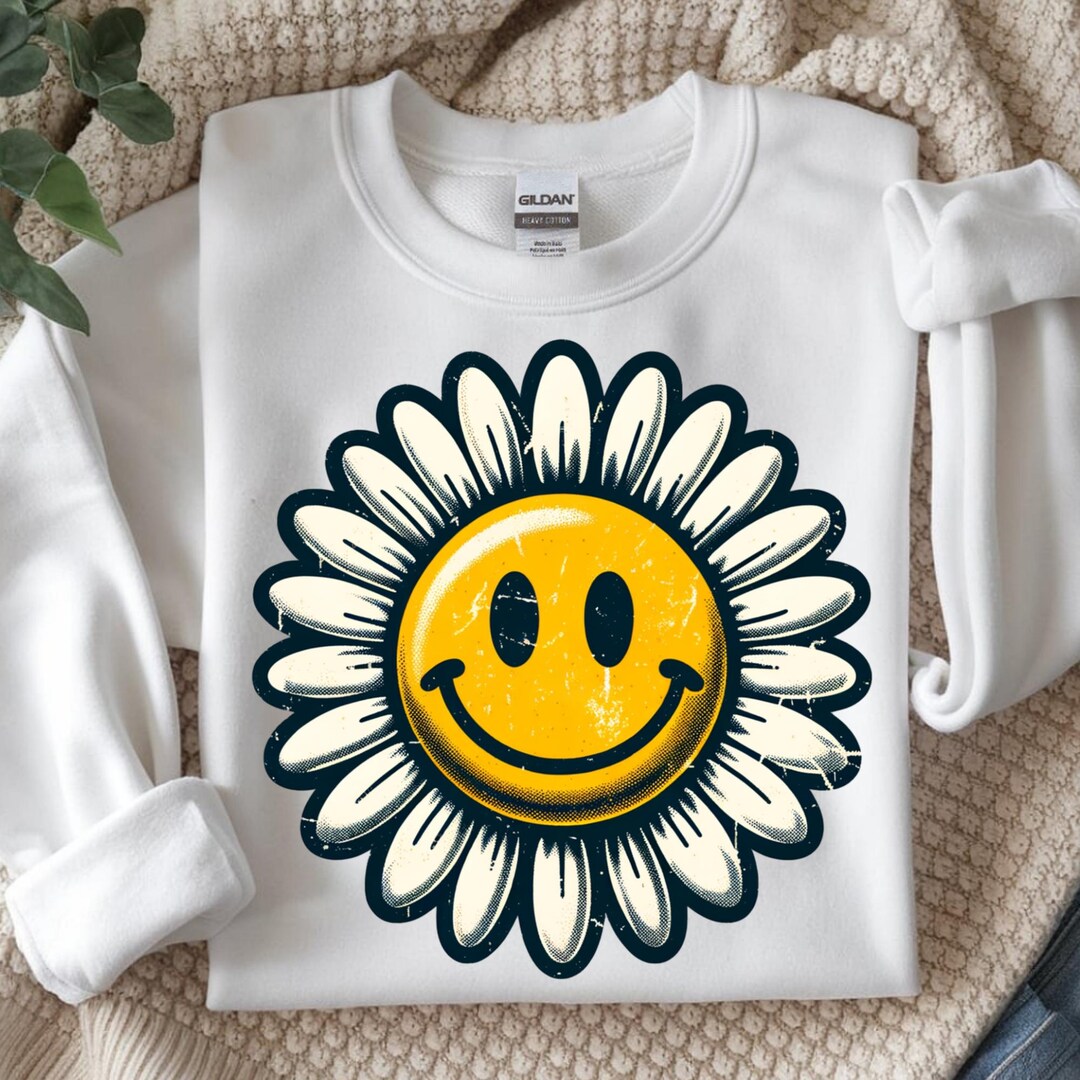Smiley Flower PNG Shirt Design, Retro Daisy Happy Face Art, Digital ...