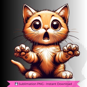 May include: A cartoon illustration of an orange tabby cat with large, expressive eyes and an open mouth, as if in surprise or shock. The cat's paws are outstretched, and the image includes the text "Sublimation PNG &bull; Instant Download".