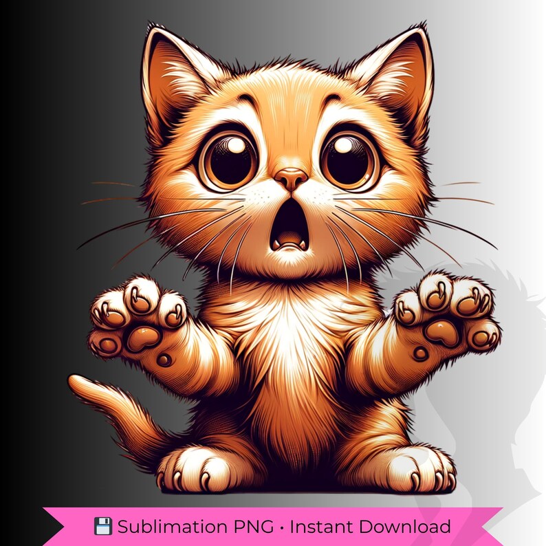 May include: A cartoon illustration of an orange tabby cat with large, expressive eyes and an open mouth, as if in surprise or shock. The cat's paws are outstretched, and the image includes the text "Sublimation PNG &bull; Instant Download".