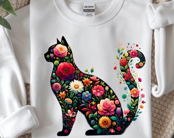 Floral Cat PNG, Flower Cat Silhouette Design Digital Download Sublimation
