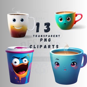 13 PNG funny cartoon mugs with faces clipart bundle,  funny mug Graphics,  mug with face png, Junk Journal, sublimation, Digital Download