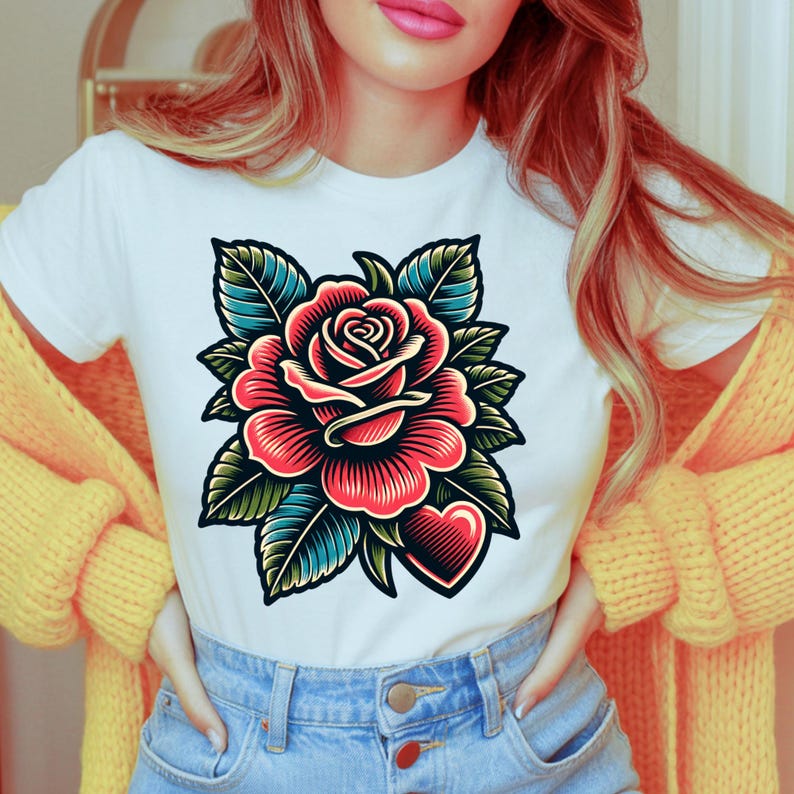Red Rose Heart PNG, Floral Tattoo Style Shirt Design, Sublimation Digital Download image 6