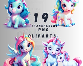 19 Unicorn PNG Bundle, Cartoon Unicorn Clipart Set, Rainbow Fantasy Design Digital Download Sublimation