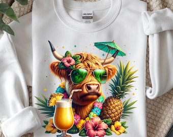 Tropical Highland Cow PNG, Vacation Shirt Design (Digital Download)