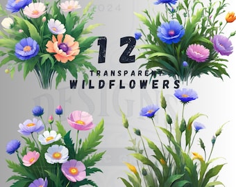 12 Wildflower PNG Bundle, Botanical Flower Clipart Set, Nature Floral Design Digital Download Sublimation