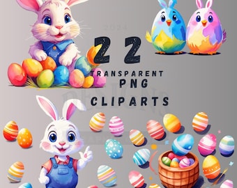 22 Easter PNG Bundle, Bunny Egg Clipart Set, Spring Holiday Design Digital Download Sublimation