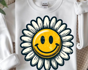 Smiley-Gesicht Daisy Flower Shirt Design PNG, glückliches Gesicht Blumen Vintage Sommer Trend, Sublimation