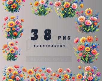 May include: A collection of 38 PNG floral graphics featuring colorful bouquets of daisies and wildflowers. The flowers are in shades of red, orange, yellow, pink, and blue, with green foliage. The text "38 PNG TRANSPARENT GRAPHIC GRIND" is also visible.