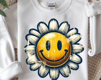 Smiley Blume PNG, Retro Daisy Lächeln Gesicht Shirt, Vintage Happy Design Digital Download Sublimation