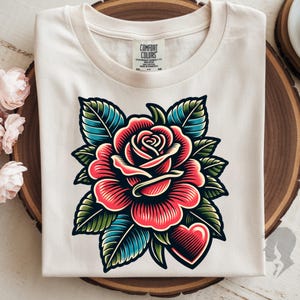 Red Rose Heart PNG, Floral Tattoo Style Shirt Design, Sublimation Digital Download image 3